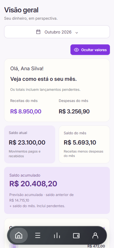 Exemplo ilustrativo da visão geral: saldos, contas a pagar e gráfico de despesas por categoria.